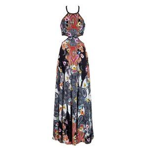 Mon Cheri Womens Multicolor Paisley Beaded Halter Cutout Maxi Dress Size 00 NWT
